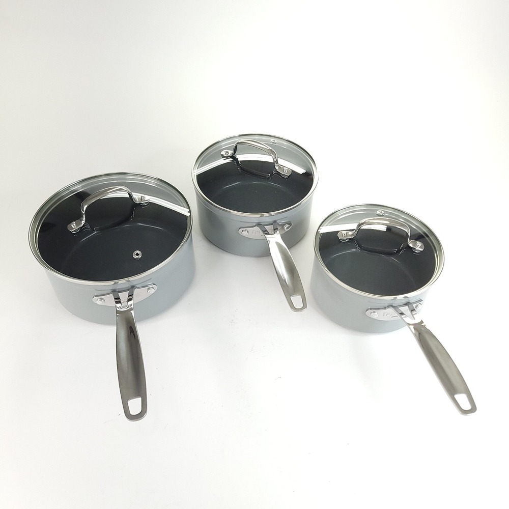 NuWave Duralon 1.5 2 and 3 Qt. Ceramic Non-Stick Sauce Pans with Glass Lids Gray